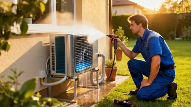 Technician installing an evaporative cooling system outdoors showcasing ecofriendly technology reducing energy consumption in a sunny residential setting