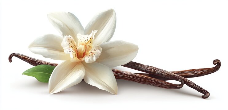 Realistic vanilla flower and dried pods on white vanilla bean