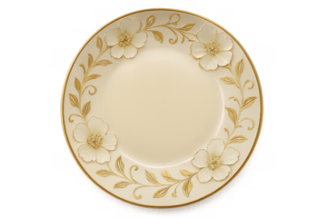 Decorative dinner plate with gold embossed floral pattern, elegant tableware for special occasions on a transparent background