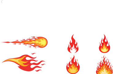 Colorful fiery flame set with varied shapes and sizes vector art featuring isolated burning fire bursts and shooting fireball icons on white background