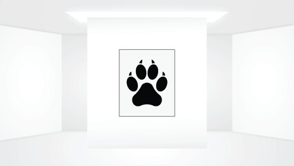 Minimalist black paw print icon centered on white gallery wall in bright minimalist exhibition space with clean modern design and soft lighting indoors