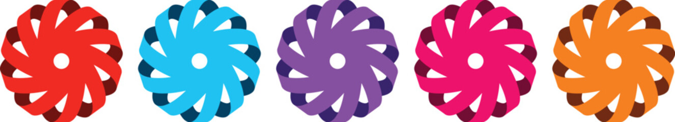 Colorful flat design pinwheel icons in red blue purple pink and orange bright spinning toy collection with simple geometric shapes playful style isolated on white background colorful assortment