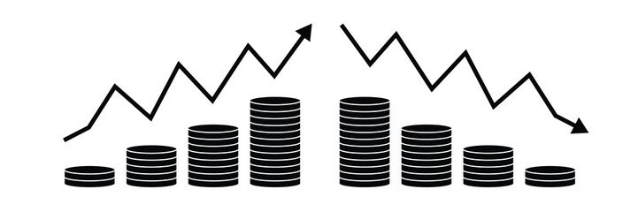 Minimalist vector art depicting fluctuating coin stacks with rising and falling arrow lines representing economic growth and decline in financial market analysis