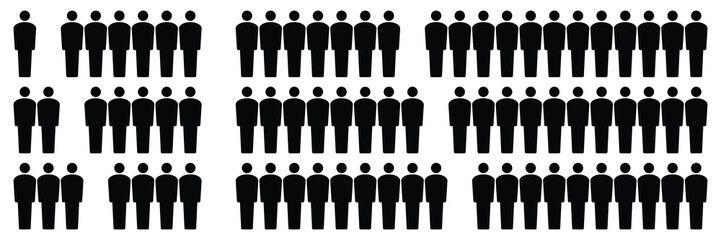 Black silhouette icons set of multiple human figures standing in rows variety of male and female shapes different sizes diverse group simple vector design isolated on white background