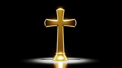 Golden Christian Cross on Black Background with Spotlight, Symbol of Faith and Religion