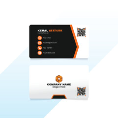 Modern black and orange business card design with qr code flat style front and back template for company branding and professional contact details layout vibrant vector illustration