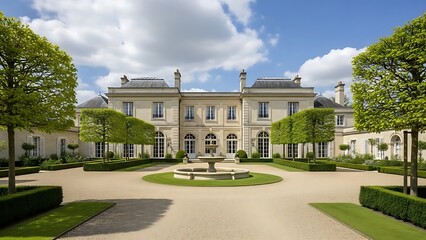 A majestic light-stone manor overlooks a vast gravel courtyard featuring a tiered central fountain, perfectly manicured boxwood hedges, and architectural pleached trees.