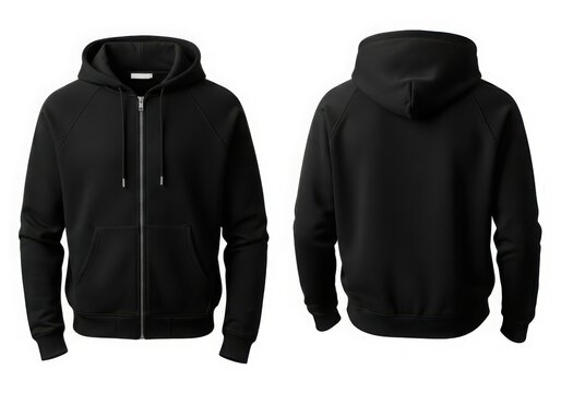 Plain black zip up hoodie front and back view