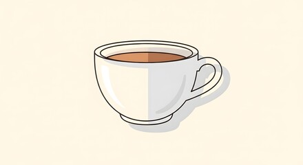 Clean flat vector illustration of a white teacup with a warm drink. Minimalist graphic icon symbolizing comfort, coffee breaks, and daily rituals for design projects