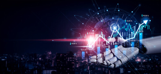 A robotic hand displays financial growth data and digital stock market graphs against a night city skyline, symbolizing the fusion of technology and finance for future innovations. Scalp