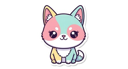 Cute Pastel Kawaii Puppy Illustration &ndash; Adorable, multi-colored cartoon animal character with big, sparkling eyes and a sweet smile, perfect for children's designs