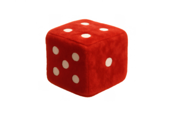 Red furry dice with white dots on a transparent background, symbolizing risk, fortune, and probability in games