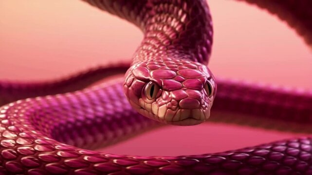 Extreme Close-Up of Realistic Pink Snake Head with Detailed Scales and Large Eyes on Blurred Background