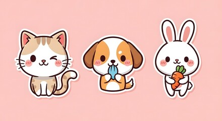 Delightful collection of cute cartoon animal illustrations, featuring a playful winking cat, an adorable puppy, and a sweet bunny, perfect for kids, stickers, and cheerful designs