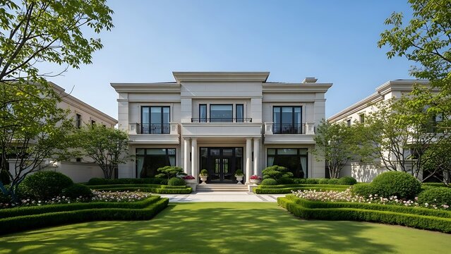 An opulent cream-colored mansion features symmetrical architecture, grand columns, and professionally sculpted boxwood hedges surrounding a pristine lawn under a bright, clear sky.