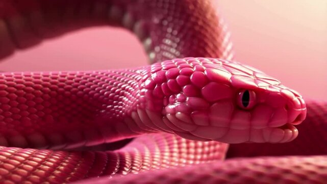 Extreme Close-Up of Realistic Pink Snake Head with Detailed Scales and Large Eyes on Blurred Background