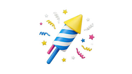 3D Rocket Fireworks Exploding with Confetti on White Background