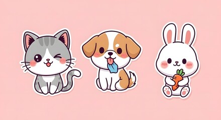 Adorable Kawaii Kittens, Puppies, and Bunnies with a Carrot - Cute Cartoon Animal Stickers