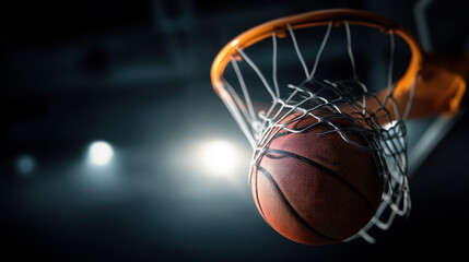 An orange basketball falls through a white net attached to an orange hoop, illuminated by stadium lights against a dark blurry background in an indoor arena.