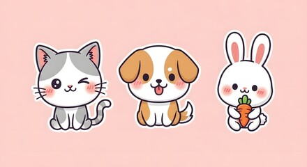 Collection of Adorable Kawaii Cartoon Pet Animals Cute Cat, Dog, and Rabbit Characters with Big Eyes Sitting Together on a Soft Pink Background, Perfect for Sweet Designs