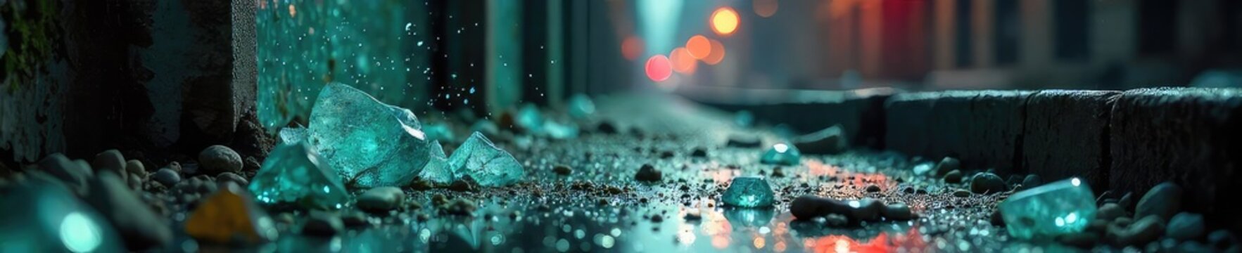 A shattered window, broken glass scattered on the ground, symbolizing the aftermath of a violent crime scene, reflecting destruction and lawlessness ,  crime,  vandalism,  infraction