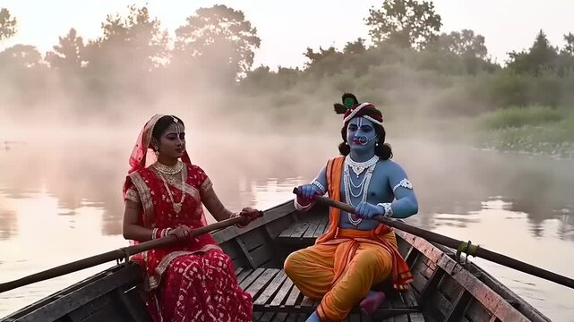 Indian deities in a boat on misty river.