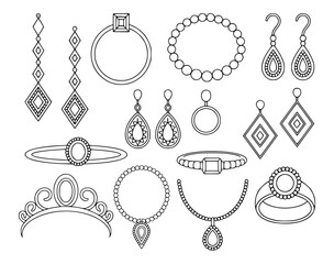 Collection of outline jewelry including rings earrings necklaces and tiara editable symbol © Ripa_Moni