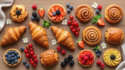 Delicious pastries and fresh berries arranged on wooden table for National Cream Puff Day