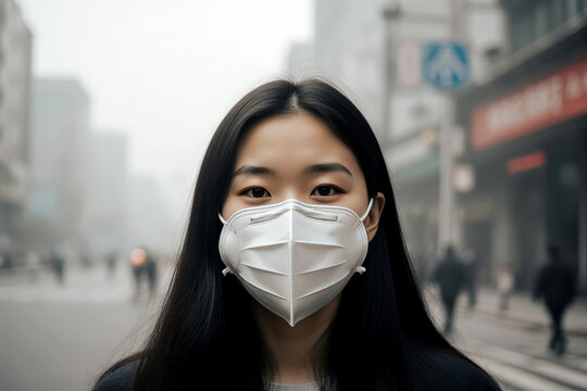 Covid-19 and Air pollution pm2.5 concept. Pandemic, portrait of a young woman wearing protective mask on street. Concept health and safety.