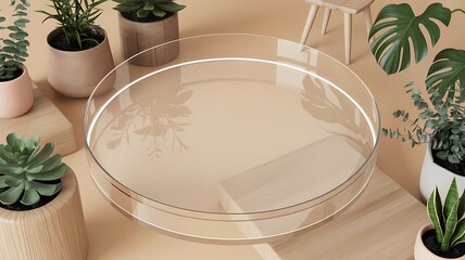 Glass Coffee Table with Potted Plants in Modern Living Room Interior