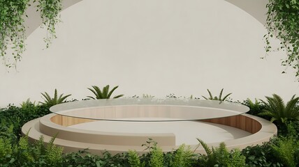 Serene Circular Platform Surrounded by Lush Greenery and Beige Background