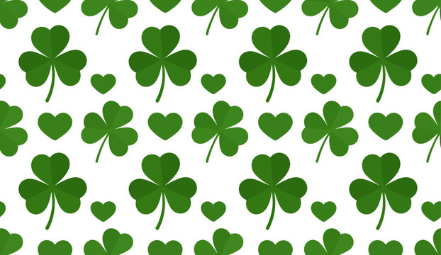 Seamless pattern of green shamrocks and hearts white background clover