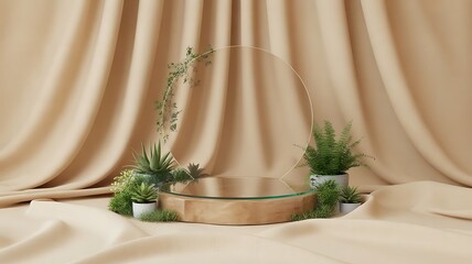 Luxurious Gold Podium with Potted Plants on Cream Fabric Background