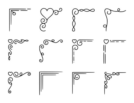Set of black decorative corner flourishes and borders with swirls and hearts white background editable