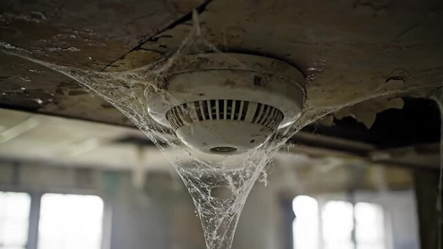 Dusty smoke detector covered in cobwebs in abandoned room interior.
