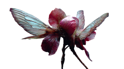 Pink flower with iridescent insect wings isolated on a transparent background iridescent wings black background