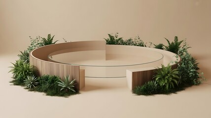 Modern Organic Display Pedestal Surrounded by Lush Greenery and Plants