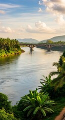 Serene River View with Bridge and Lush Greenery in India.