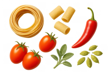 Various fresh italian pasta ingredients floating or falling, preparing a healthy meal with vegetables, herbs, and spices