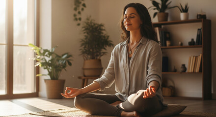 A woman sitting in a lotus position, practicing meditation and mindfulness in a peaceful, sunlit room