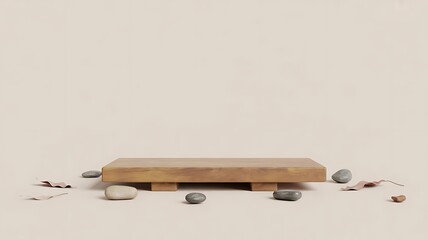 Minimalist Wooden Podium Display with Stones and Fallen Leaves