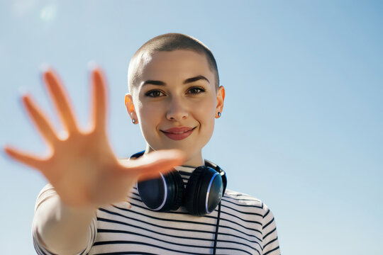 Buzzcut woman in striped top makes expressive hand gesture toward camera, playfully interacting in sunlight with headphones around neck, showing confident urban attitude
