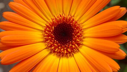 Close-up of a vibrant orange gerbera daisy, showcasing its intricate center