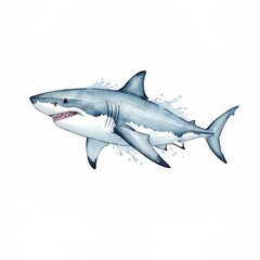 Fototapeta premium Watercolor illustration of a great white shark swimming in clear blue ocean waves