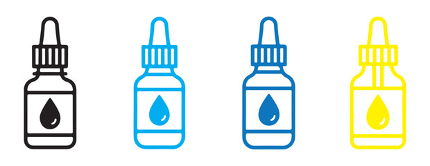 dropper bottle with liquid drop icon set in various colors for medical cosmetic products