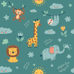 Fototapeta premium Colorful Cartoon Jungle Animals Illustration.