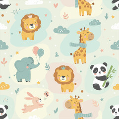 Obraz premium Colorful Cartoon Animals Pattern with Lion.