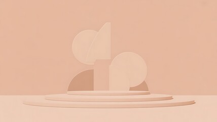 Minimalist peach-colored abstract geometric shapes on layered podium