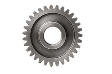 Isolated view of a shiny metallic gear wheel showcasing its intricate teeth on a dark background