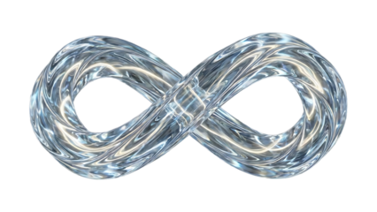 Shimmering crystal infinity symbol with swirling white and blue light isolated on a transparent background